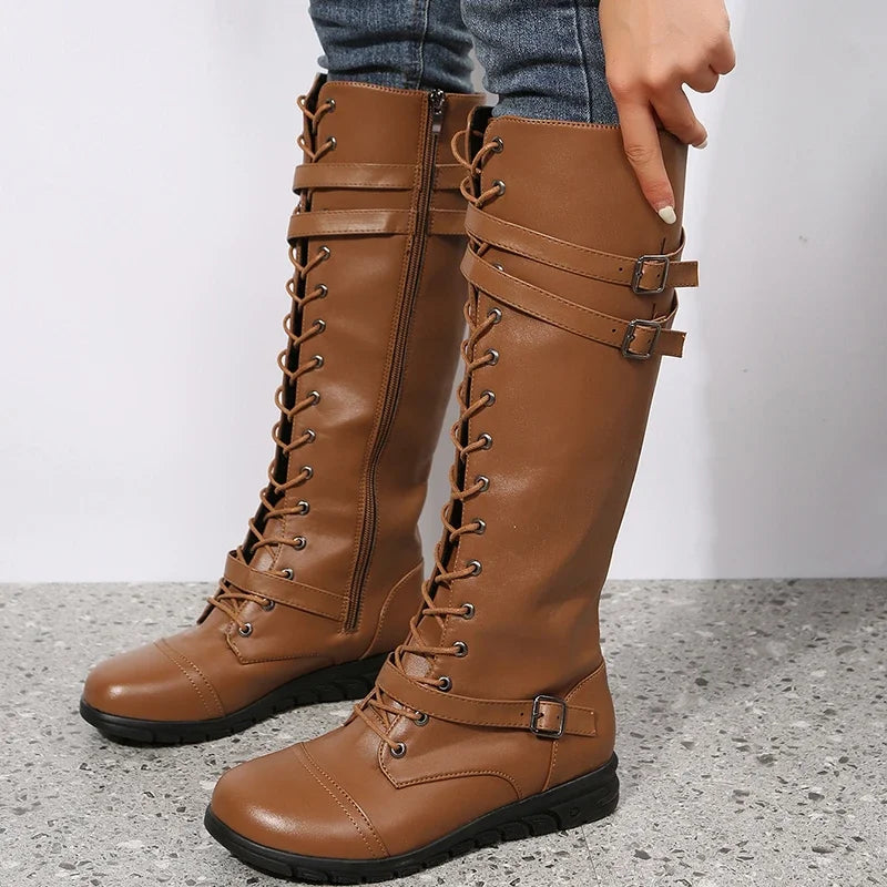 Damen Schnürstiefel mit Schnallen und Reißverschluss, Kniehoch, Braun
