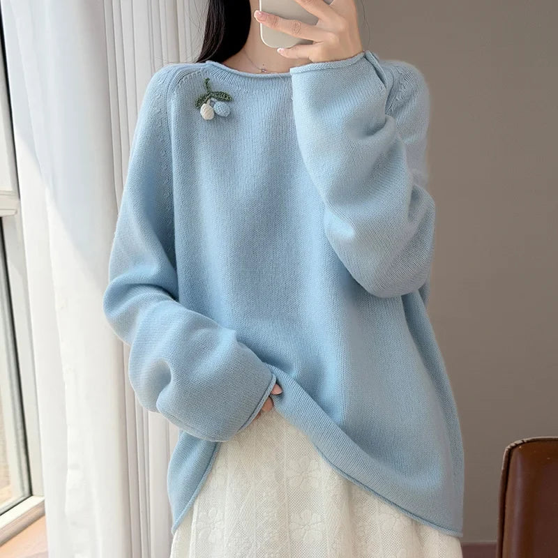 Damen Pullover Langarm Rundhals mit Beeren-Applikation
