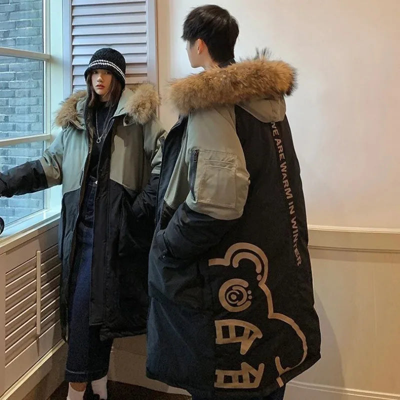 Unisex Winterparka mit Kapuze und Fellimitatbesatz – Zweifarbig, Langer Schnitt
