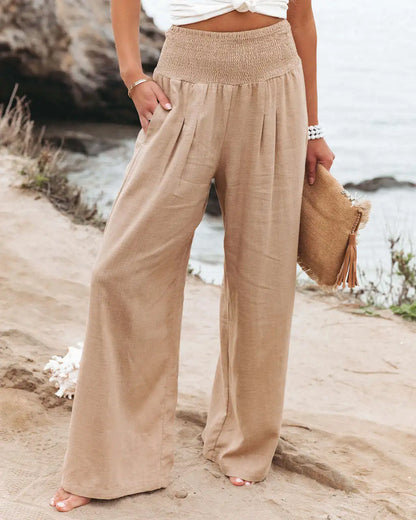 Damen Leinenhose mit weitem Bein und gerafftem Bund, lockere Freizeithose