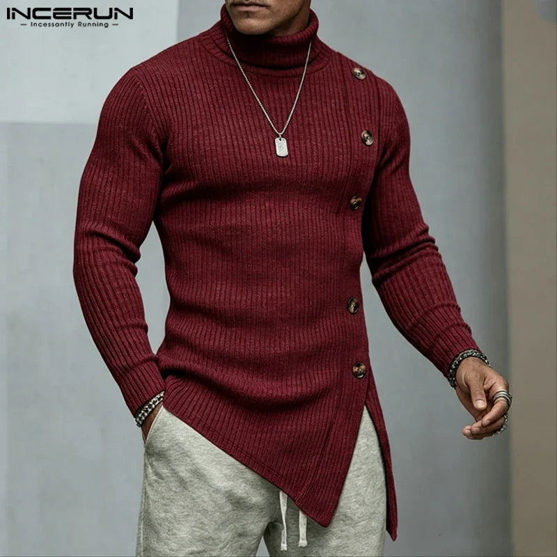Herren Rollkragenpullover Asymmetrischer Saum Knöpfe Langarm Strickpullover