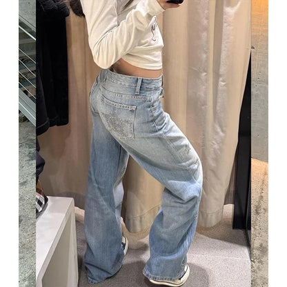 Damen Baggy Jeans mit weitem Bein, hellblau mit Sternenmuster