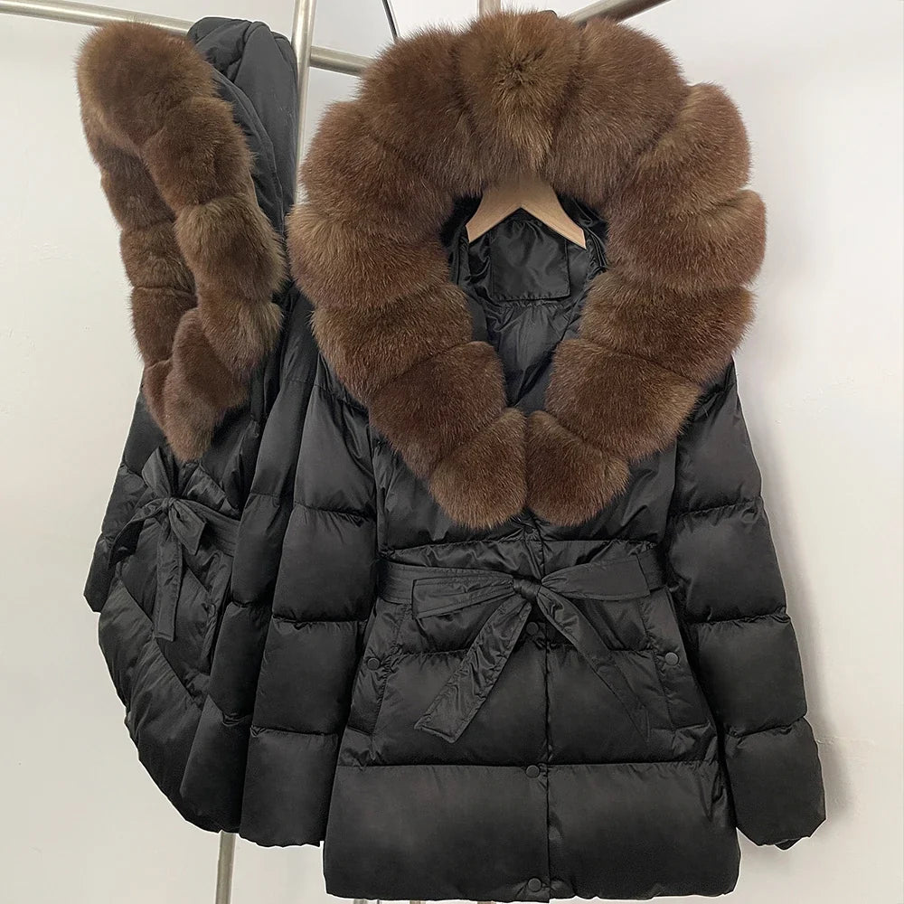 Damen Winter Steppjacke mit Kunstpelzkragen und Gürtel