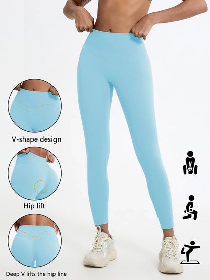 Damen Sport Leggings Hochbund V-Design Bauchkontrolle Yoga Fitness Hose