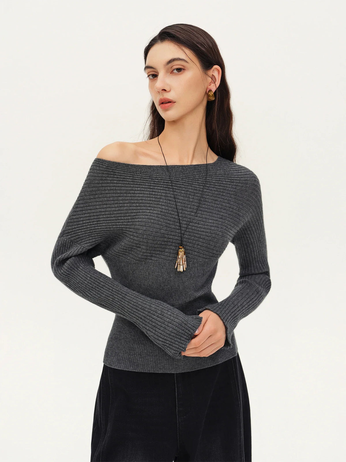 Damen Rippstrick Pullover U-Boot-Ausschnitt Langarm Beige