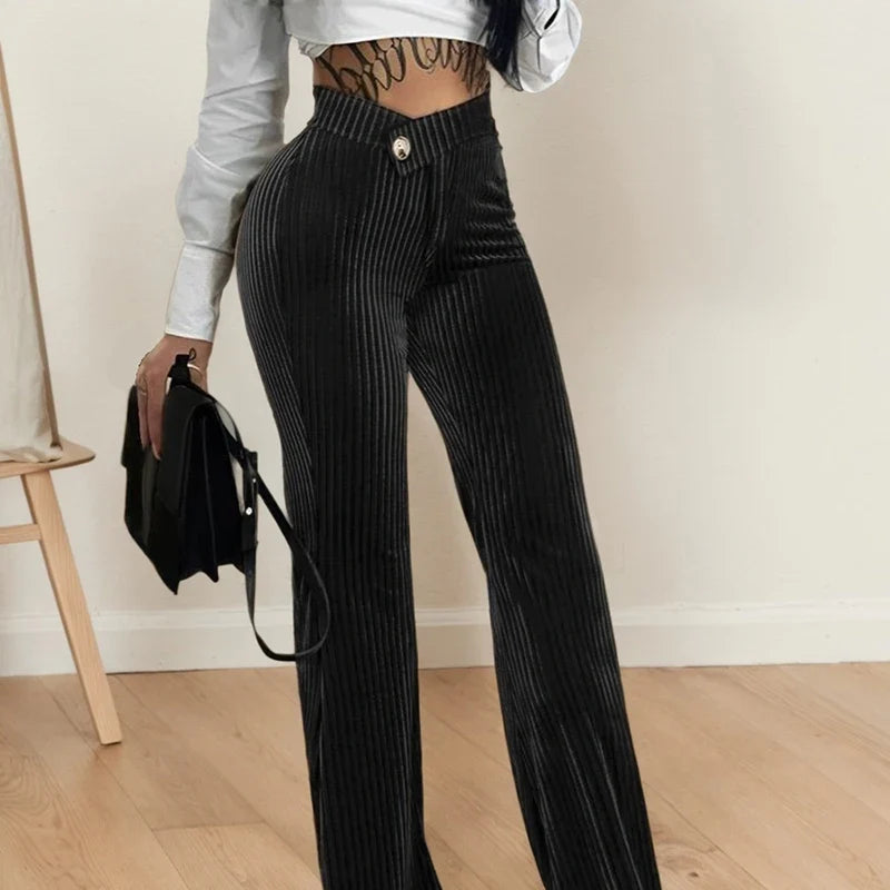 Gerippte Hose mit hoher Taille für Damen – Schlaghose mit weitem Bein, Samtoptik