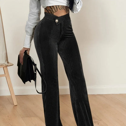 Gerippte Hose mit hoher Taille für Damen – Schlaghose mit weitem Bein, Samtoptik