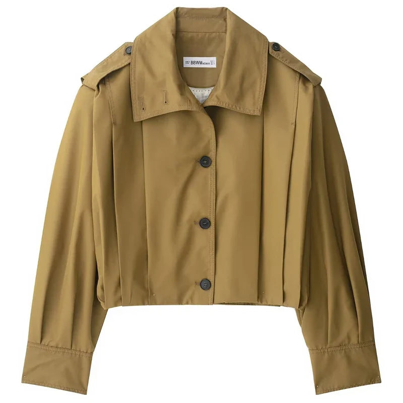 Kurze Damen Übergangsjacke mit Knopfleiste & weitem Kragen Khaki