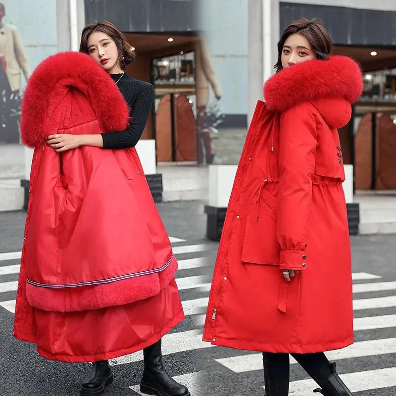 Damen Winterparka mit Kunstfellkapuze Lang Mantel Steppjacke Kordelzug