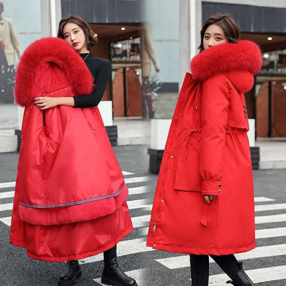 Damen Winterparka mit Kunstfellkapuze Lang Mantel Steppjacke Kordelzug