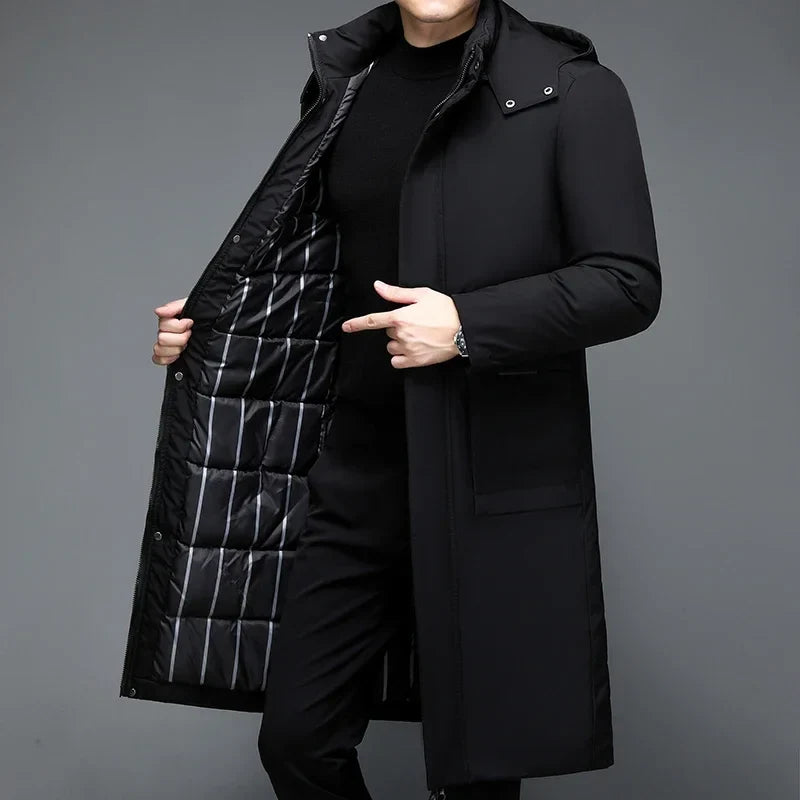 Herren Winter Steppmantel Lang mit Kapuze Schwarz