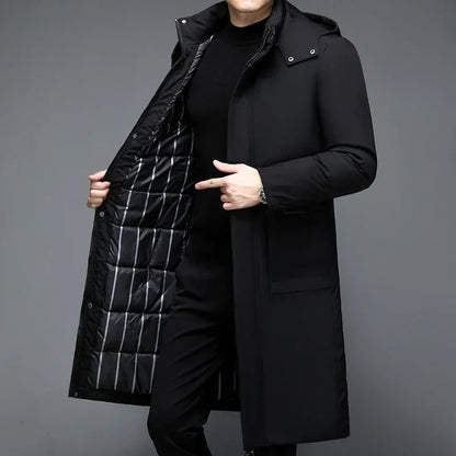 Herren Winter Steppmantel Lang mit Kapuze Schwarz