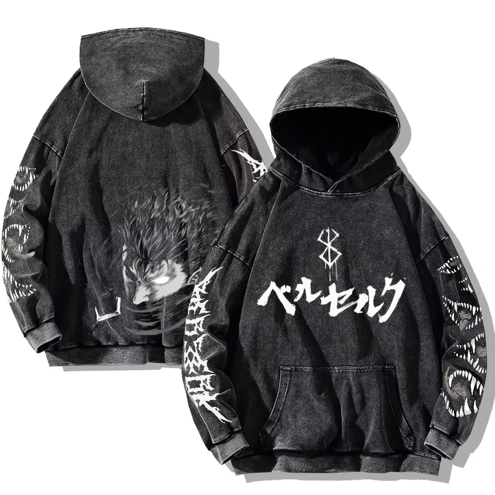 Oversized Kapuzenpullover Dunkelgrau mit Front- und Rückenprint und Ärmelprints