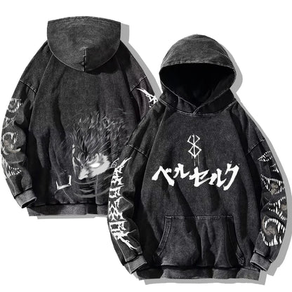 Oversized Kapuzenpullover Dunkelgrau mit Front- und Rückenprint und Ärmelprints