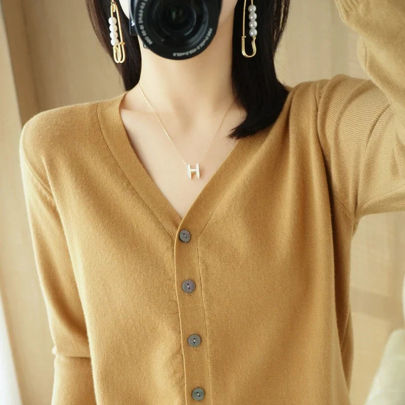 Damen Cardigan V-Ausschnitt Langarm Strickjacke mit Knöpfen