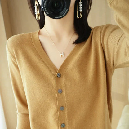 Damen Cardigan V-Ausschnitt Langarm Strickjacke mit Knöpfen