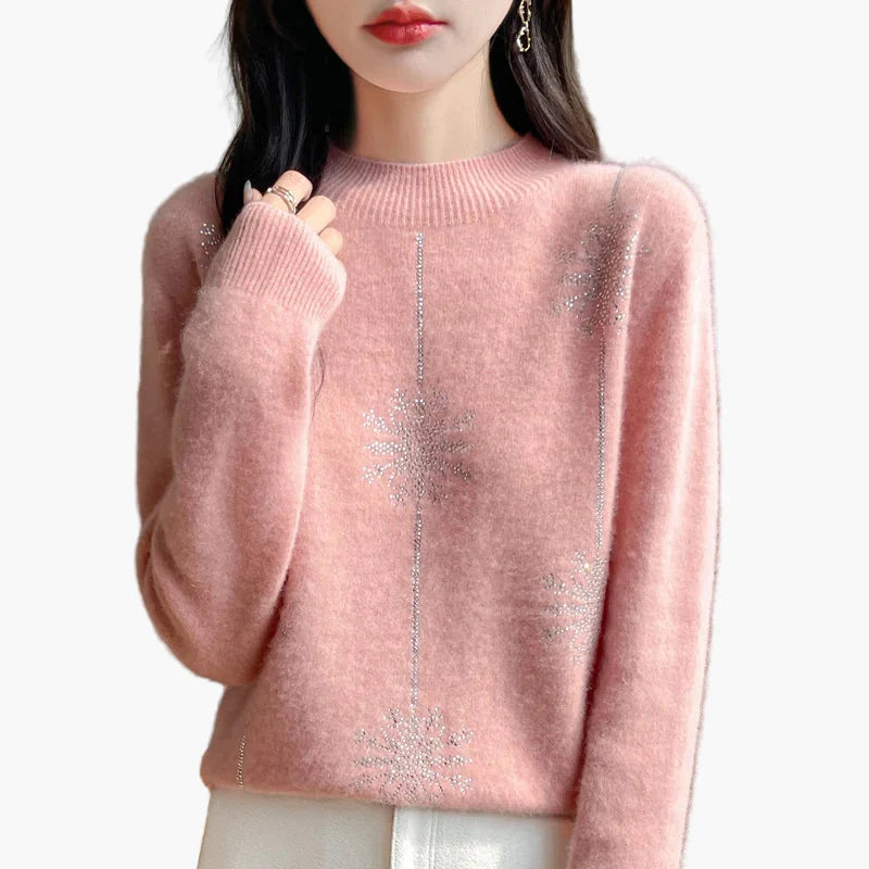 Damen Pullover mit Strass Schneeflocken Dekor – Eleganter Winter Strickpullover für Alltag und Büro