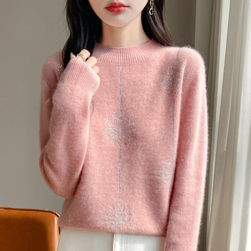 Damen Pullover mit Stehkragen und Schneeflocken-Strassmuster