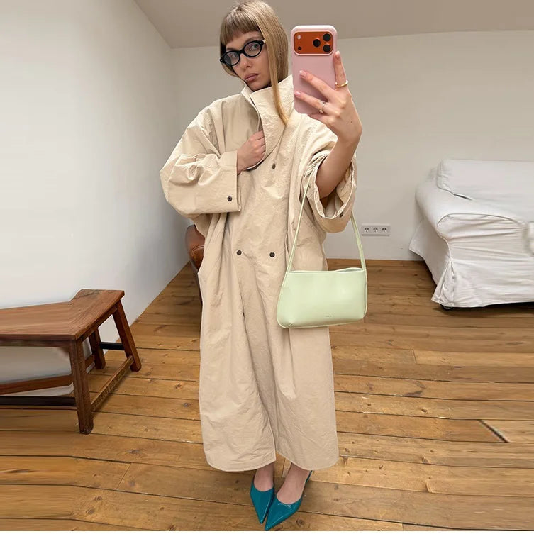Damen Langer Mantel Übergroßer Trenchcoat mit Stehkragen und weiten Ärmeln