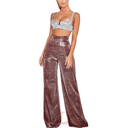 Damen Glitzer Zweiteiler Crop Top und Weite Hose Set Hochglanz Party Outfit