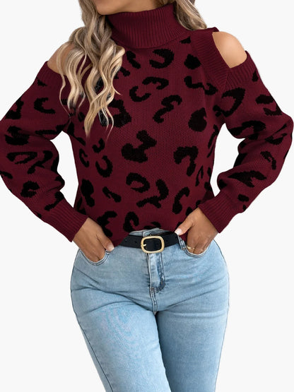 Damen Pullover mit Schulterfrei und Leopardenmuster – Modischer Strickpullover für Freizeit und Alltag
