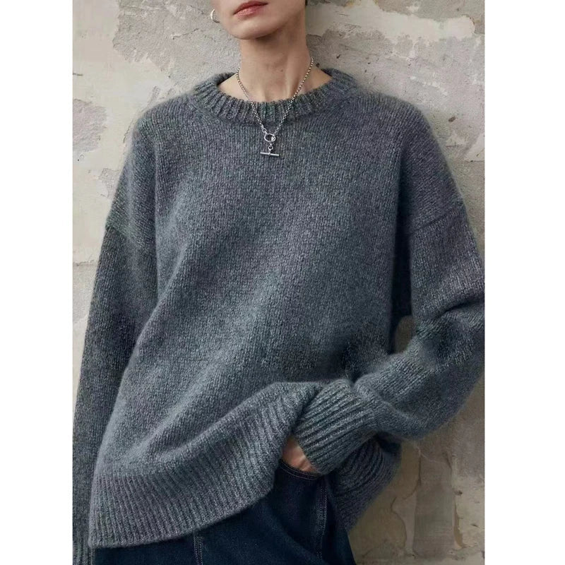 Damen Oversize Strickpullover Rundhals Langarm Rippbündchen
