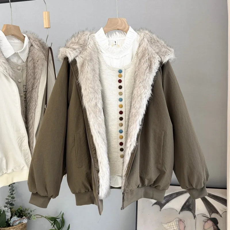 Damen Bomberjacke mit Kapuze und Kunstfellbesatz