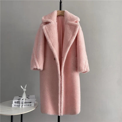 Damen Teddy-Mantel mit Reverskragen Lang Warmer Plüschmantel