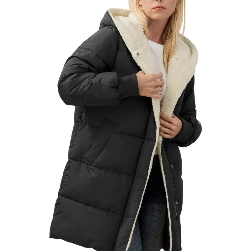 Damen Langer Steppmantel mit Kapuze Gefüttert Winter Jacke