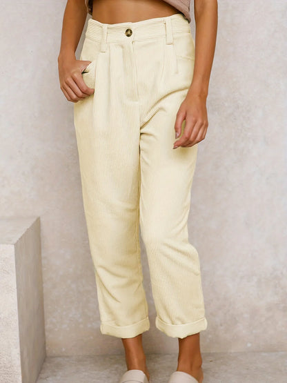 Damen Cordhose Plissee High Waist Cropped-Hose mit Falten
