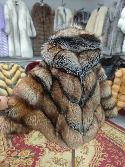 Kurze Fell-Kapuzenjacke mit Streifenmuster