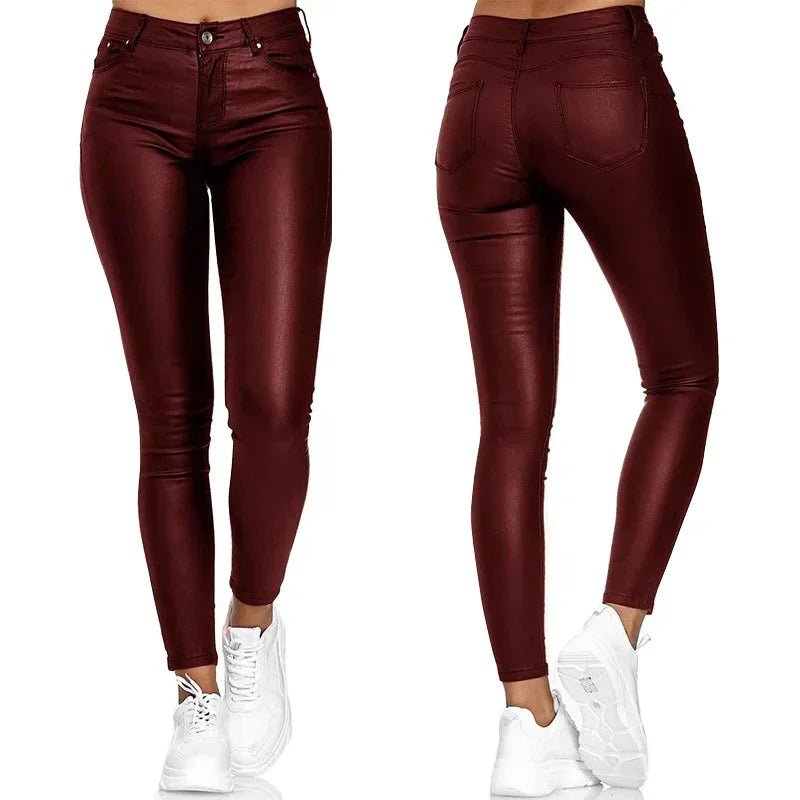 Damen Skinny Hose Glänzende Optik Kunstleder Slim Fit