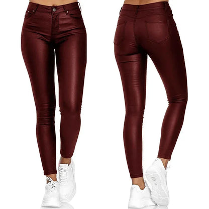Damen Skinny Hose Glänzende Optik Kunstleder Slim Fit
