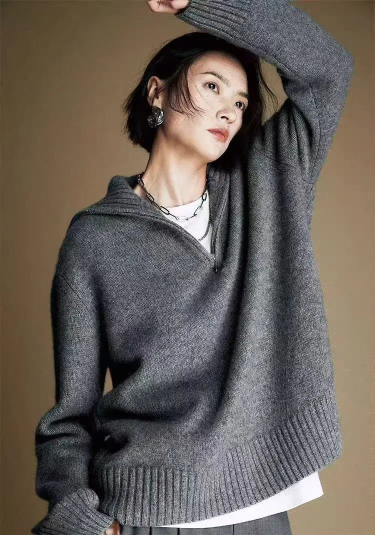 Damen Rollkragenpullover mit Reißverschluss Strickpullover Oversize Pullover Grau Weiß