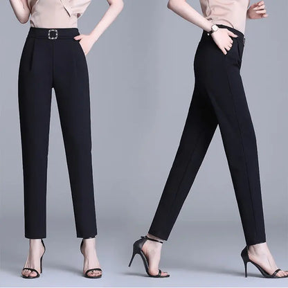 Damen Stoffhose Weiß mit Zierschnalle Hochwasser Slim Fit