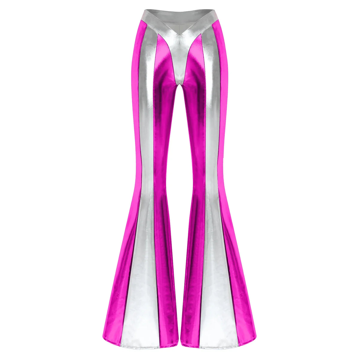 Damen Metallic Schlaghose Silber Glänzend Hohe Taille