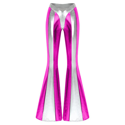 Damen Metallic Schlaghose Silber Glänzend Hohe Taille