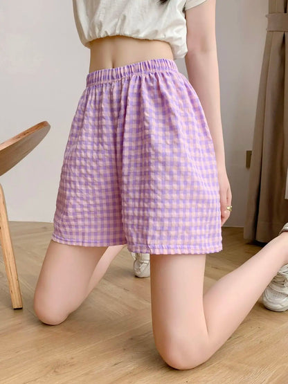 Damen Shorts Karo Muster Elastischer Bund Bequemer Schnitt