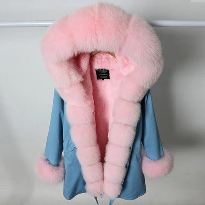 Damen Winterparka mit Kapuze & Pelzimitat-Futter in Rosa