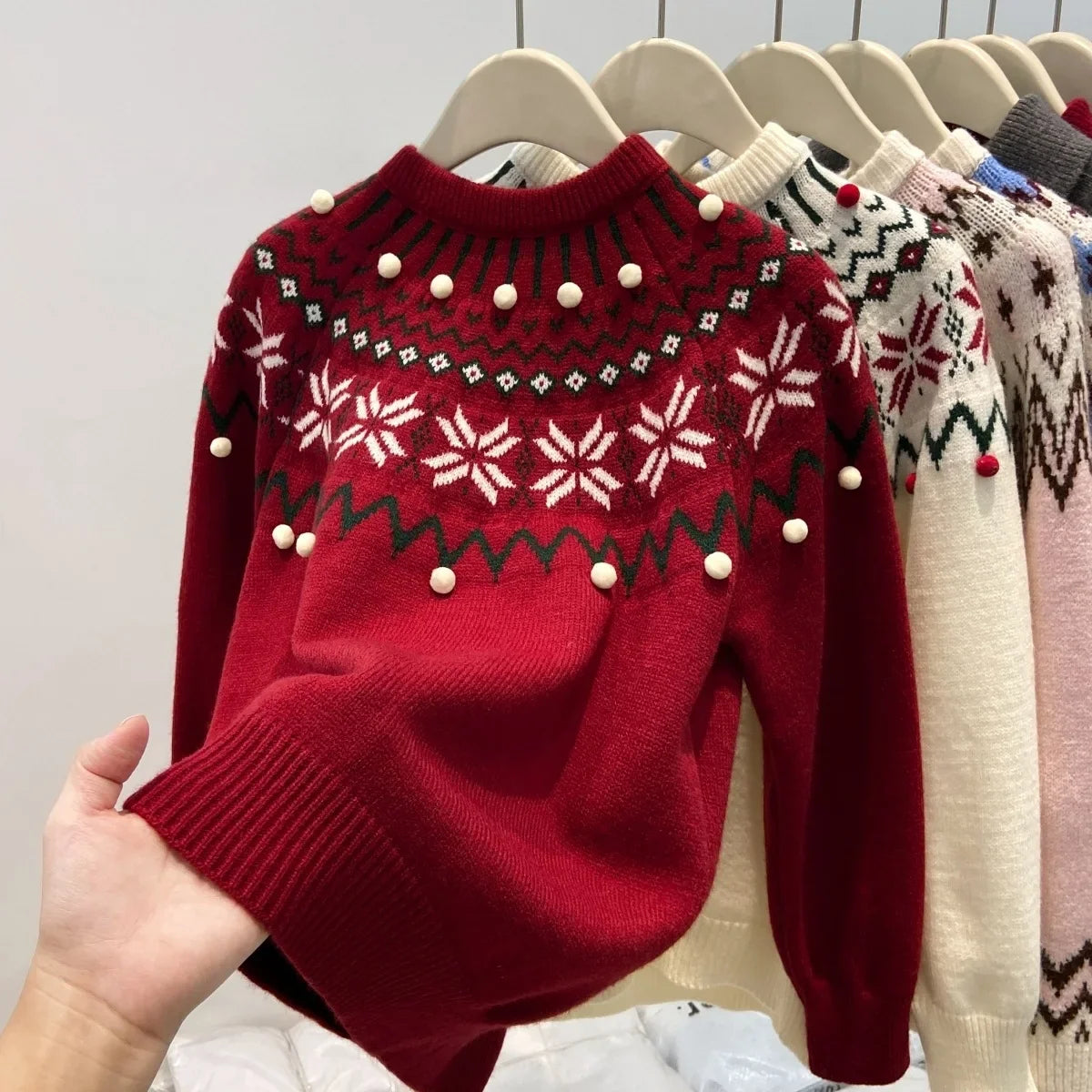 Damen Pullover Fair Isle Muster Zopfstrick Optik Rot Creme