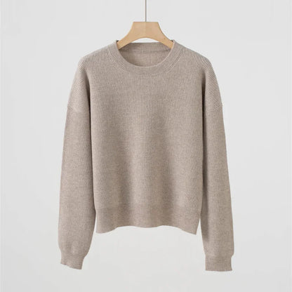 Damen Rundhals Pullover Strickpullover Gerippt Langarm Basic Oberteil