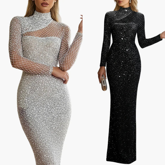Damen Abendkleid Glitzer Bodycon Langarm Elegant für Gala und Party