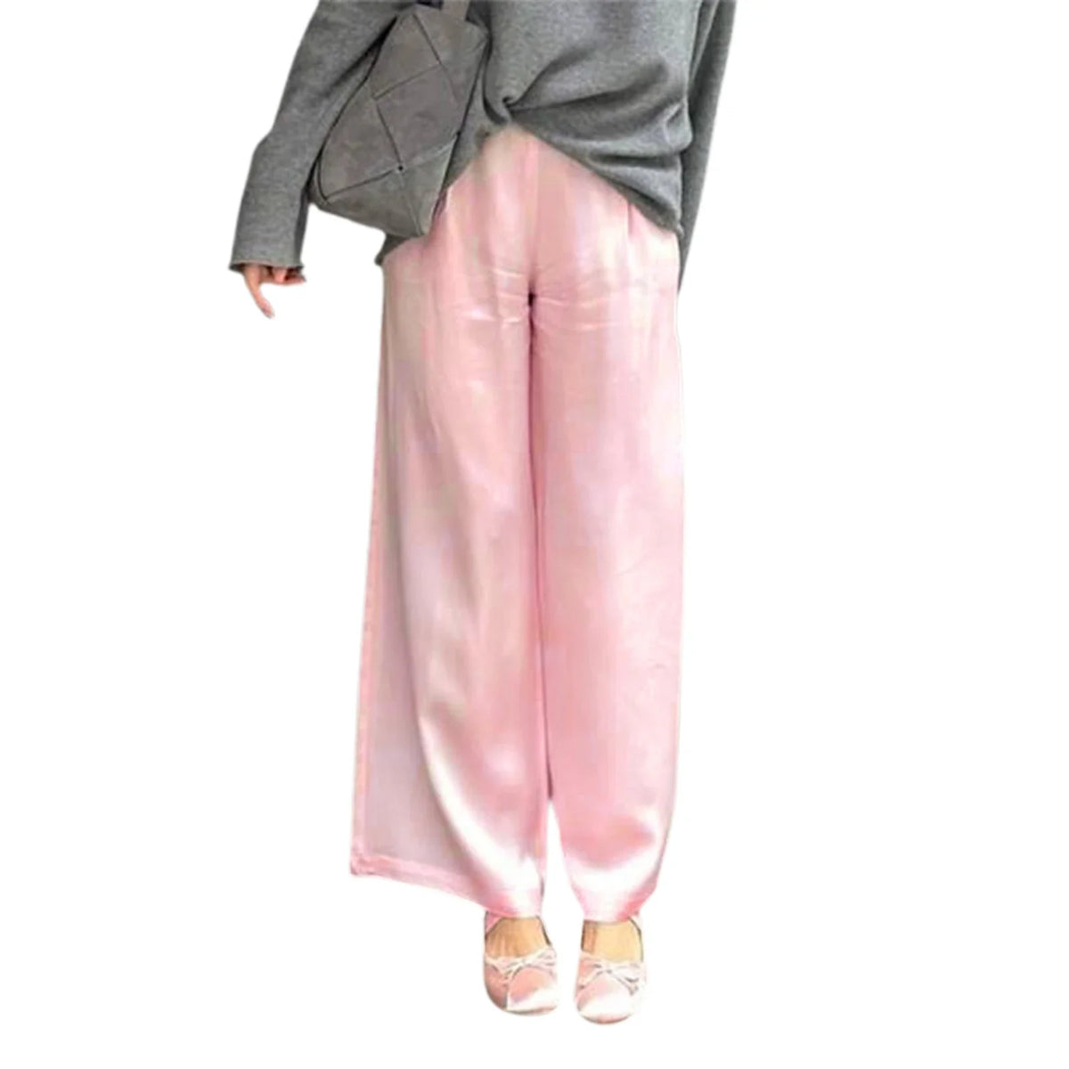 Damen Weite Hose mit Elastischem Bund – Satin-Optik Bequeme Lounge-Hose