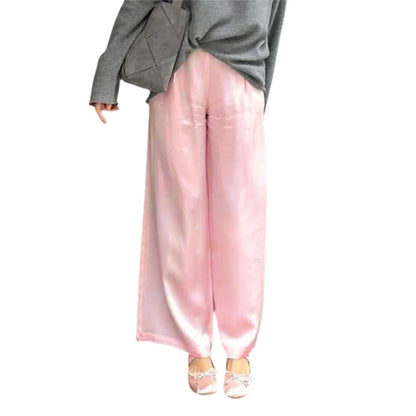 Damen Weite Hose mit Elastischem Bund – Satin-Optik Bequeme Lounge-Hose