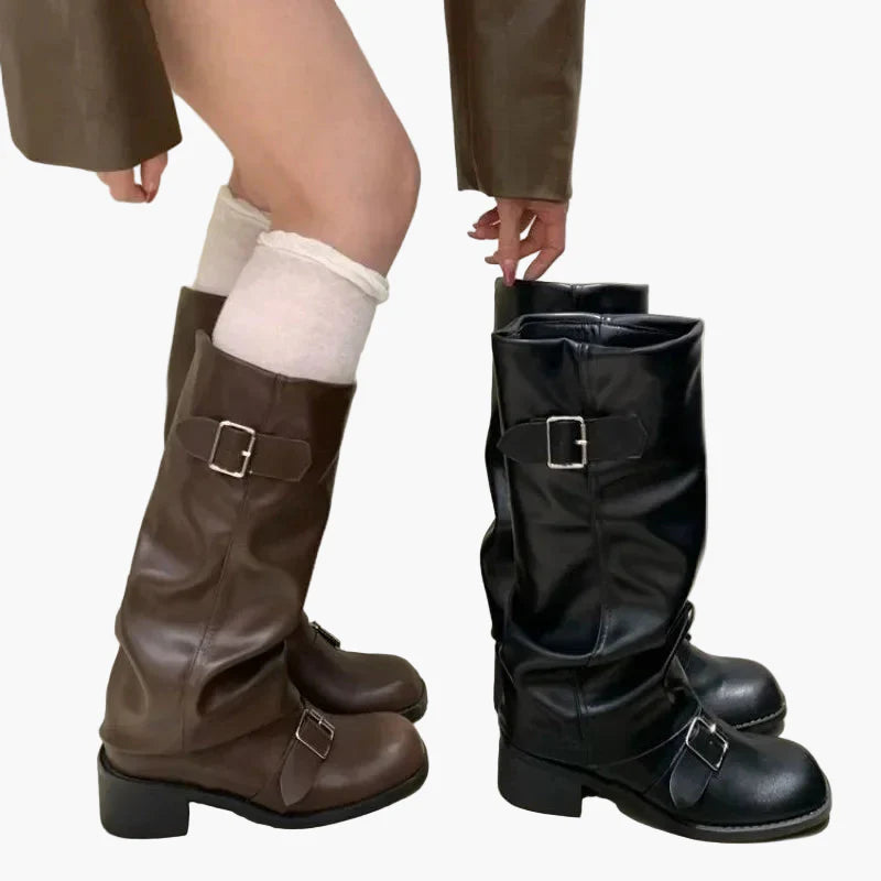 Damen Stiefel mit Schnalle, modische kniehohe Boots für Herbst und Winter