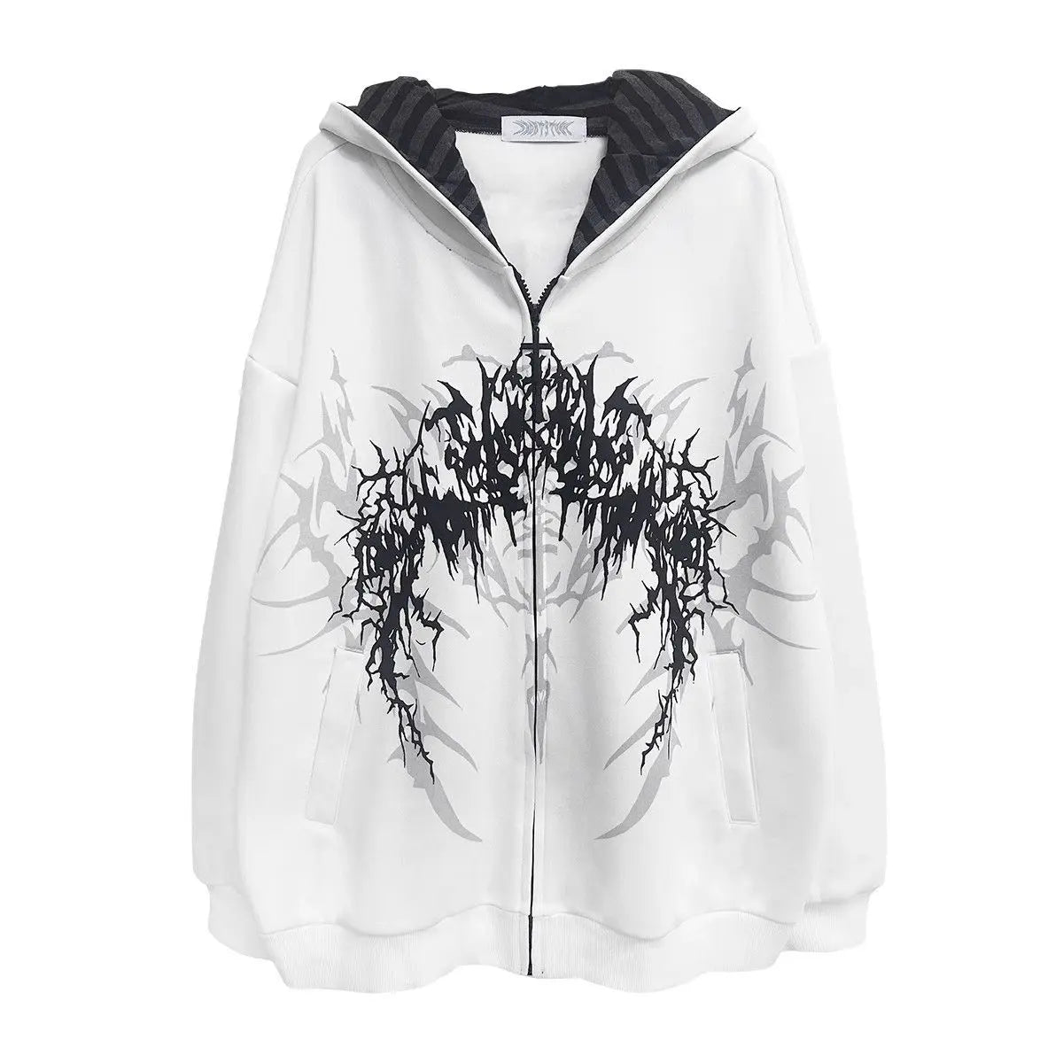 Übergroßer Kapuzenpullover mit Reißverschluss, grafischem Print und gestreiftem Futter, Unisex