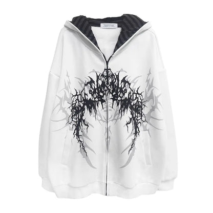 Übergroßer Kapuzenpullover mit Reißverschluss, grafischem Print und gestreiftem Futter, Unisex