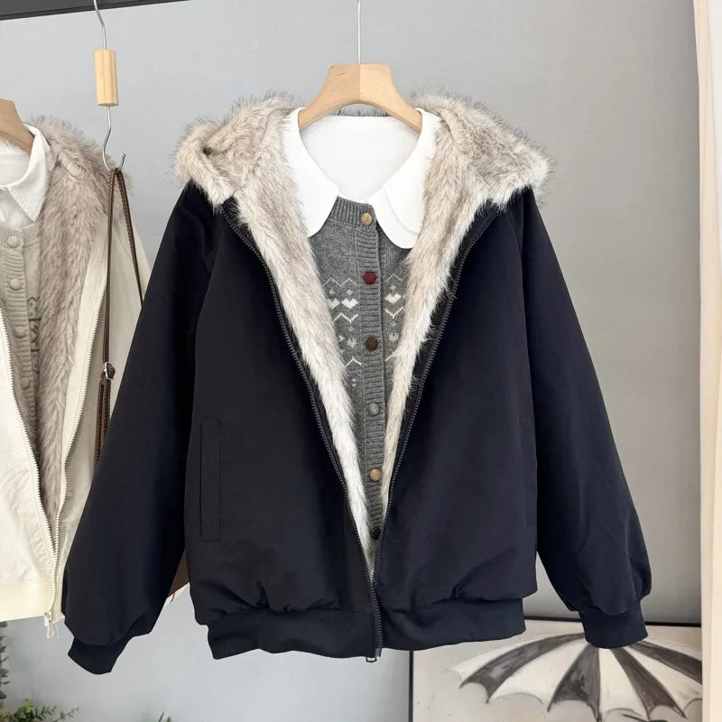 Damen Bomberjacke mit Kapuze und Kunstfellbesatz