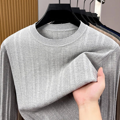 Herren Rundhals Pullover Strickoptik Langarm Shirt Grau