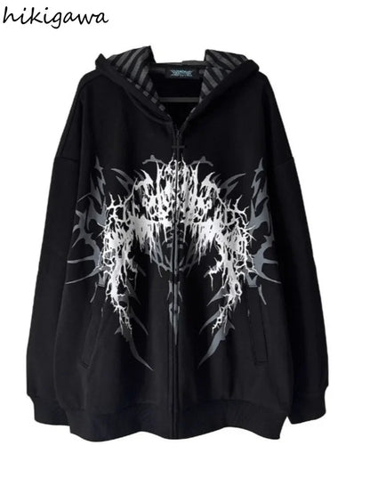 Übergroßer Kapuzenpullover mit Reißverschluss, grafischem Print und gestreiftem Futter, Unisex